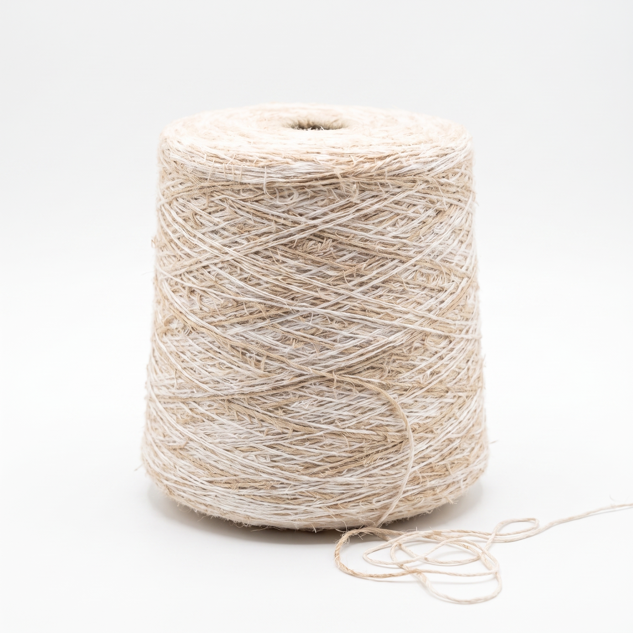 En spole med garn i beige og hvite, spettede farger.
