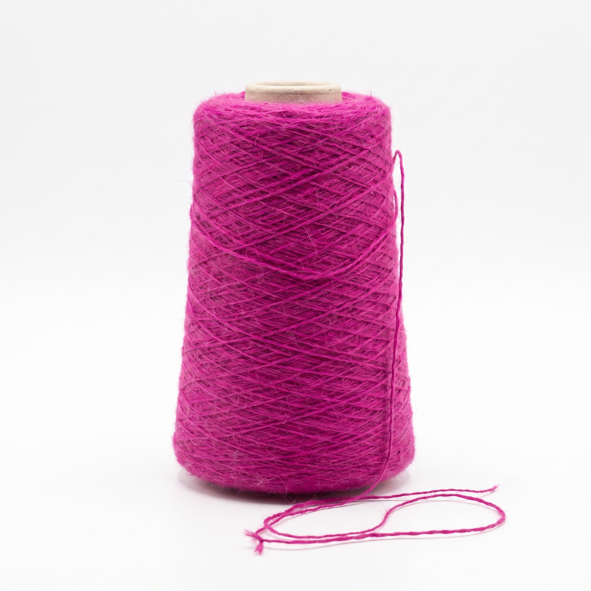 En stor spole med lyst rosa, loddent garn på en hvit bakgrunn.
