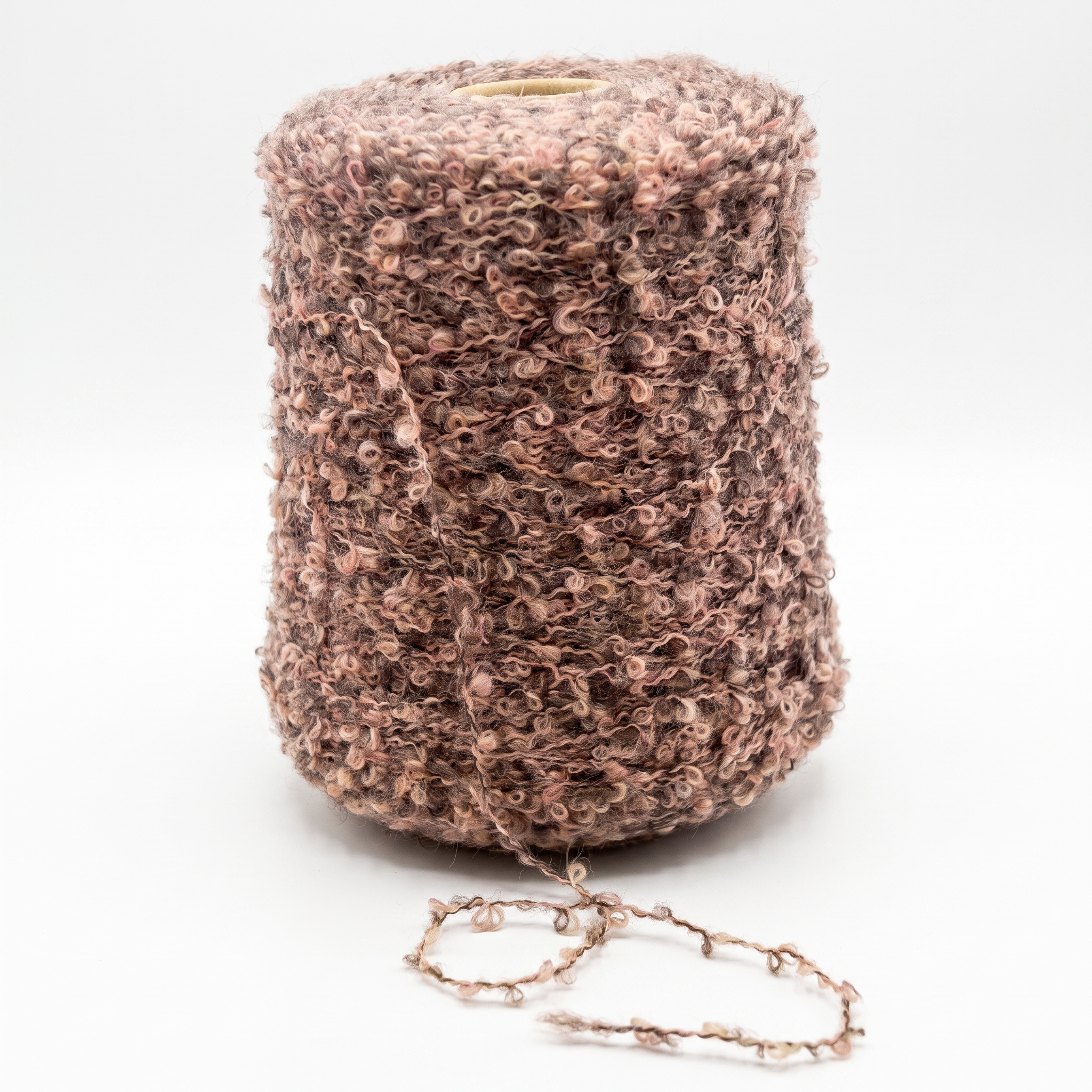 En spole med bouclégarn i brune og rosa nyanser, med en løs tråd foran.