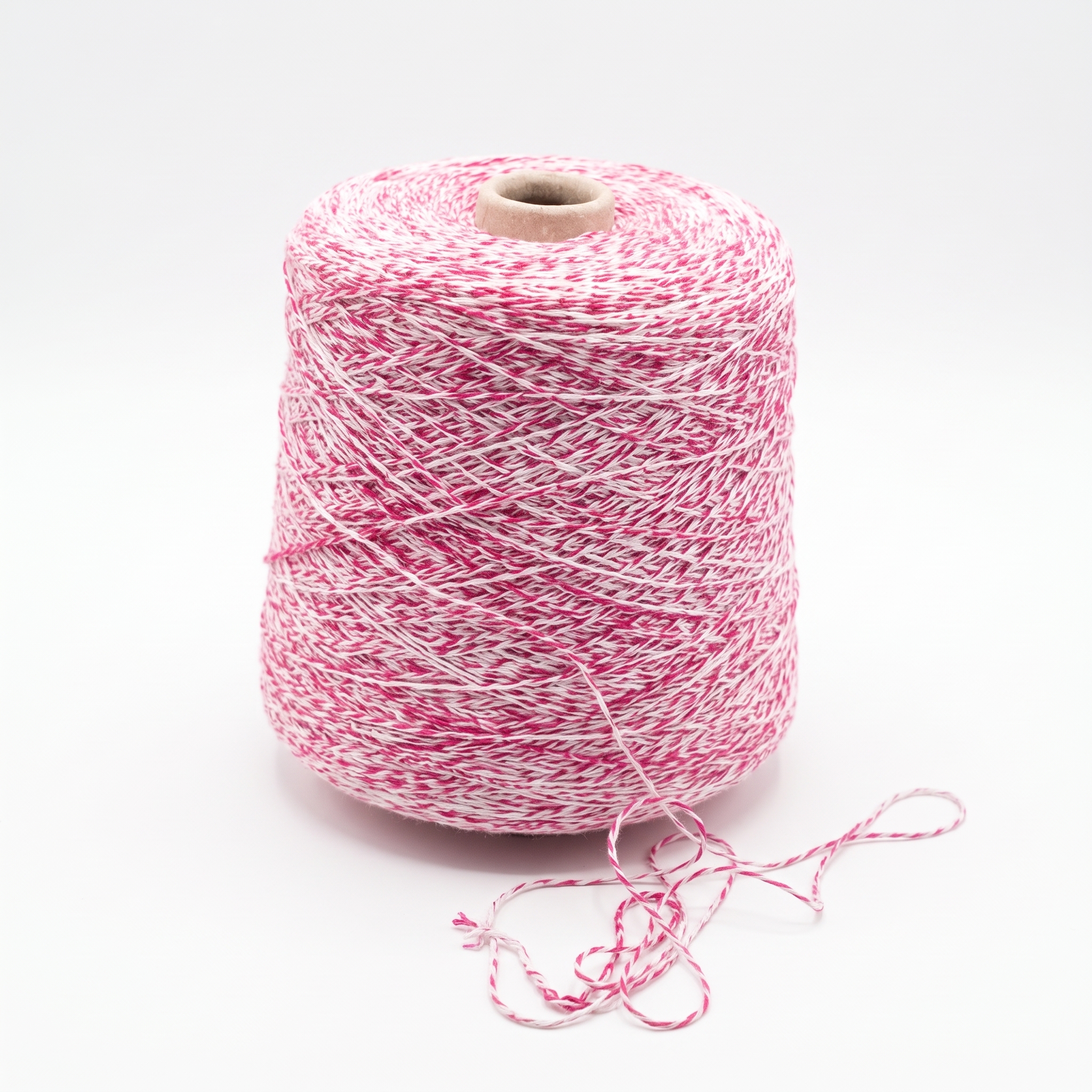 En stor spole med rosa og hvitt stripete garn og en løs ende.