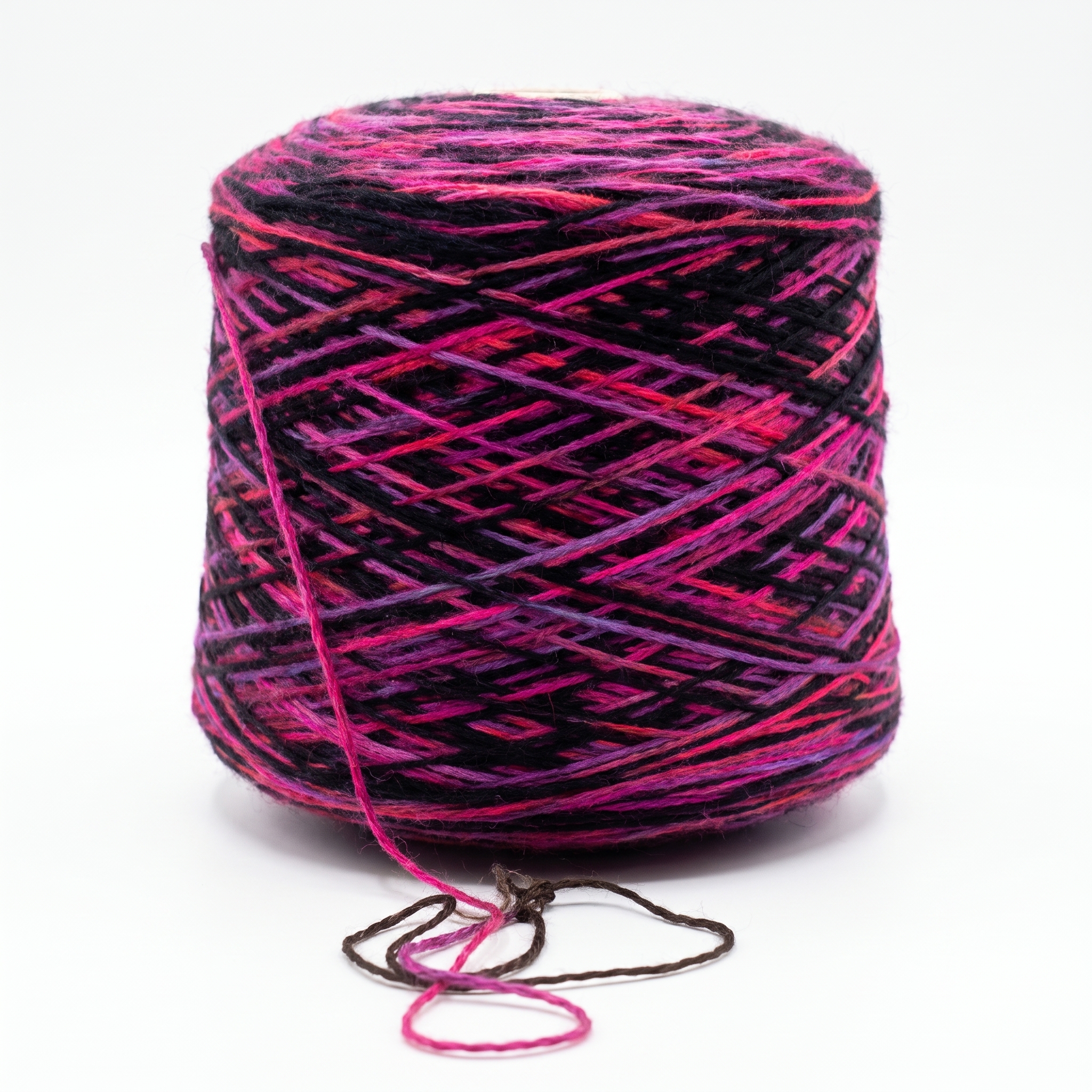 En stor spole med flerfarget garn i nyanser av svart, rosa, lilla og brunt på en hvit bakgrunn.