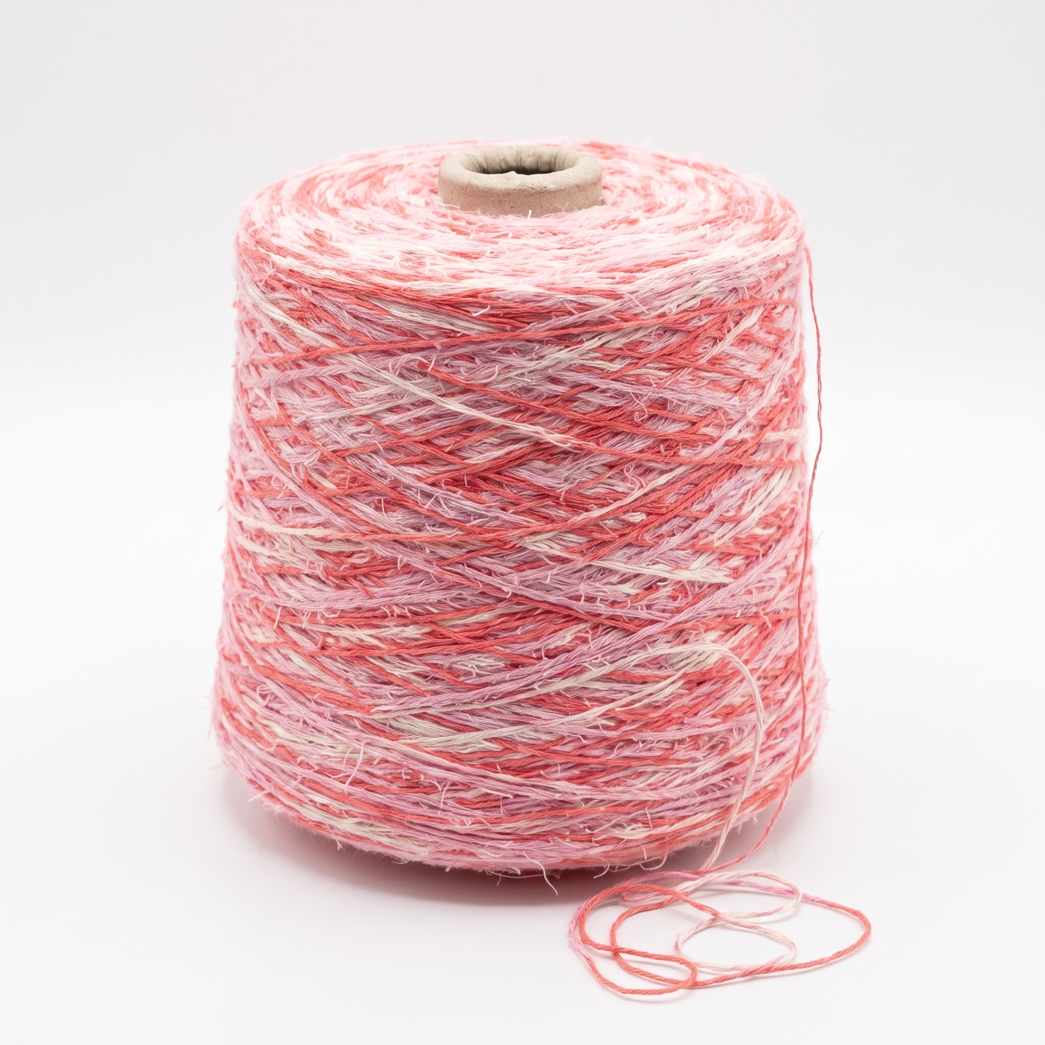 En spole med flerfarget garn i nyanser av rosa, korall og kremhvitt med en strukturert overflate.