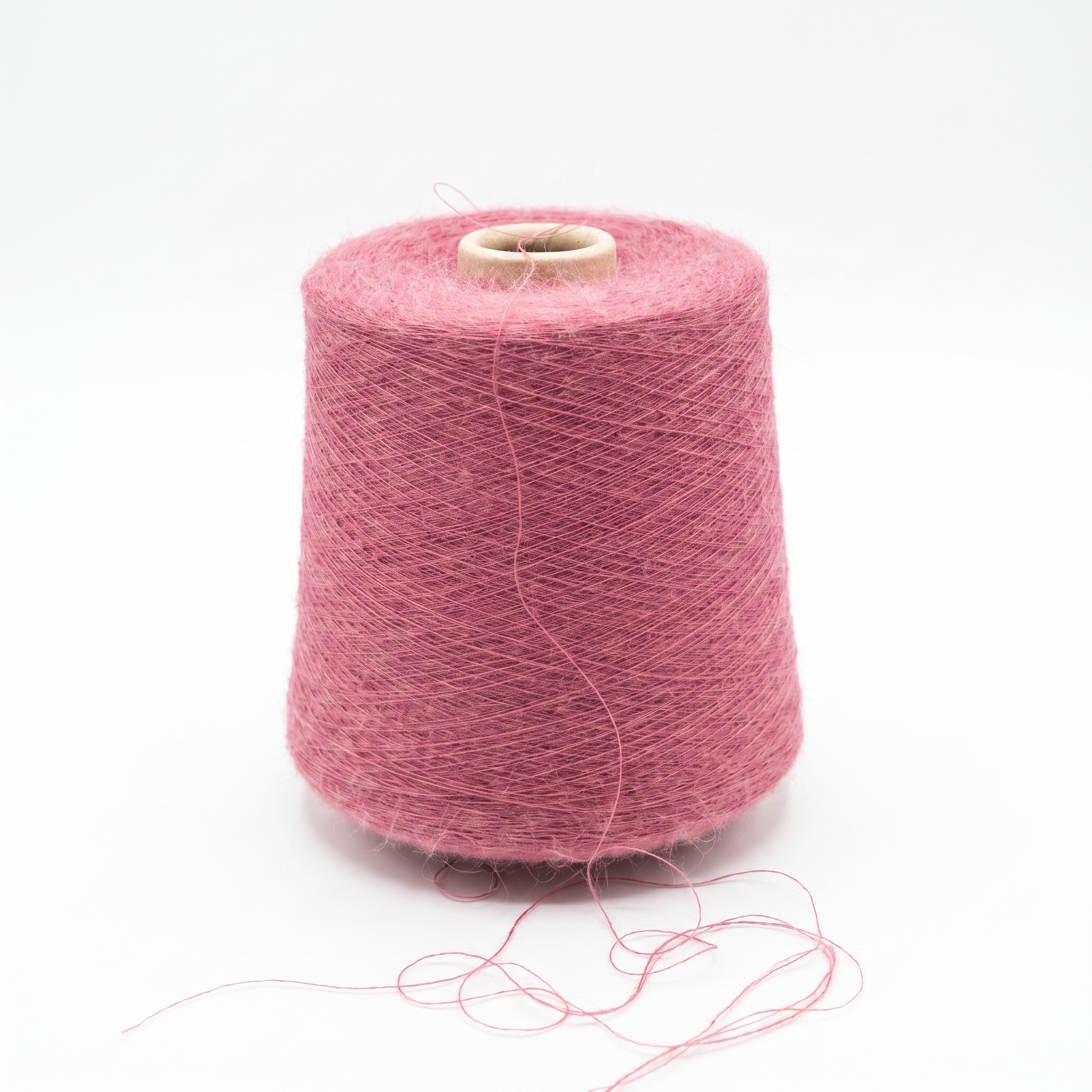 En spole med rosa garn på en hvit bakgrunn.
