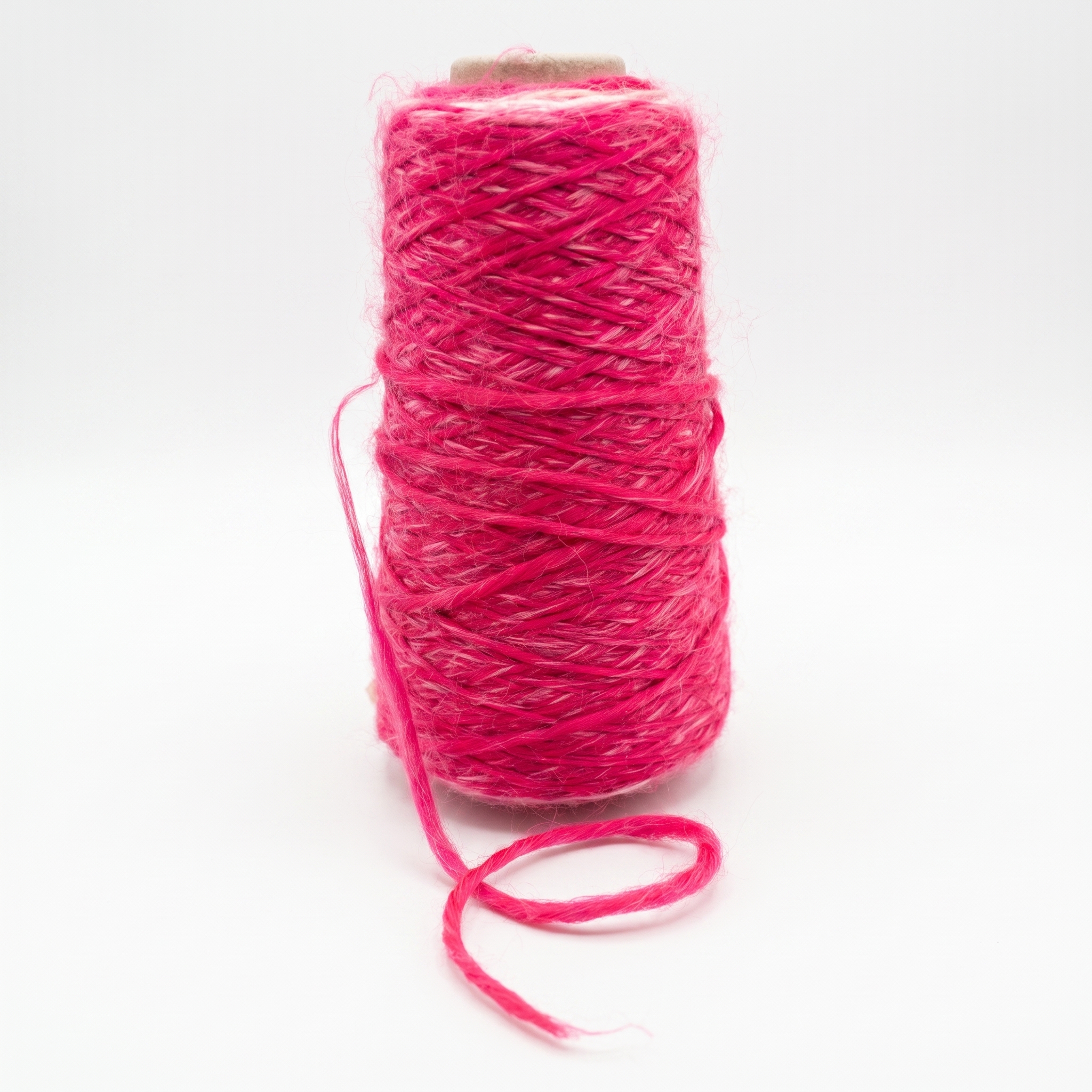 En spole med rosa garn på en hvit bakgrunn med en løs tråd foran.